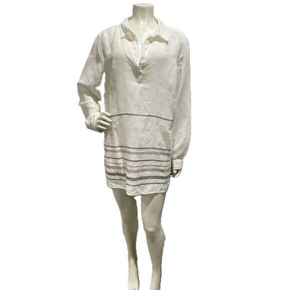 Tahari Linen Tunic Top L Striped Long Sleeve V-Neck Preppy Coastal Boho - Picture 2 of 14